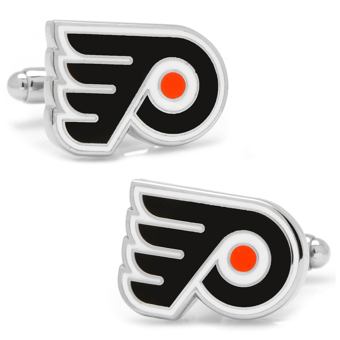 Philadelphia Flyers logo cufflinks in polished silver tone metal with black and orange enamel details.