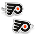 Philadelphia Flyers logo cufflinks in polished silver tone metal with black and orange enamel details.
