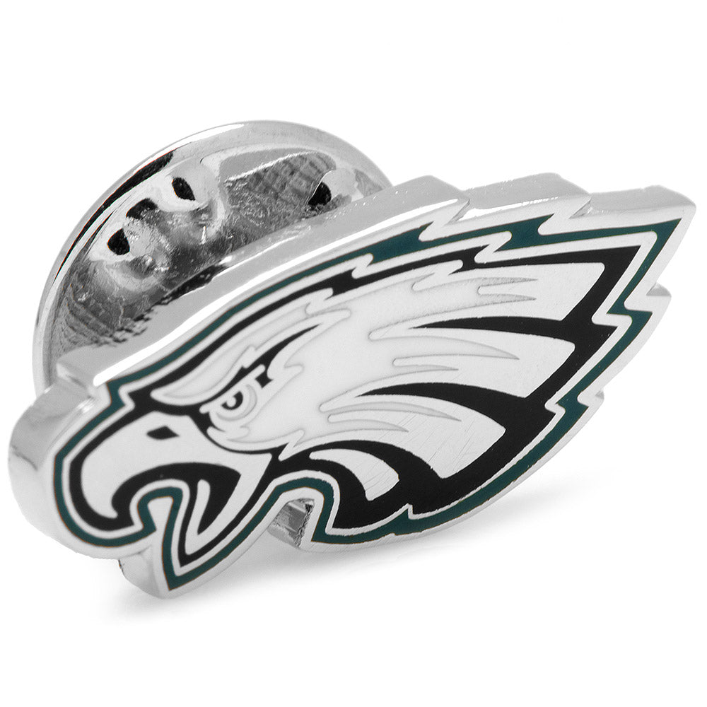 Philadelphia Eagles team logo lapel pin in silver tone metal with enamel details and clutch-back closure.