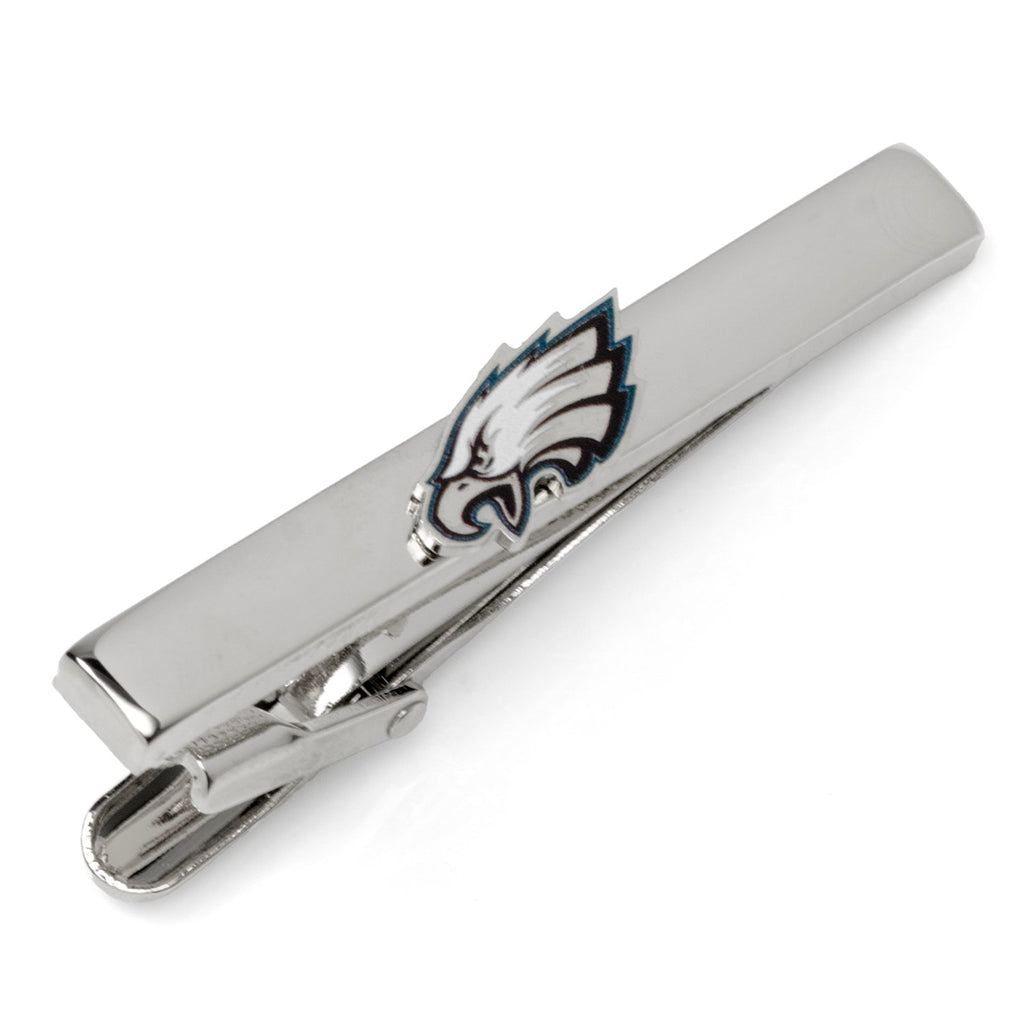 Philadelphia Eagles logo tie clip in silver finish on a black necktie