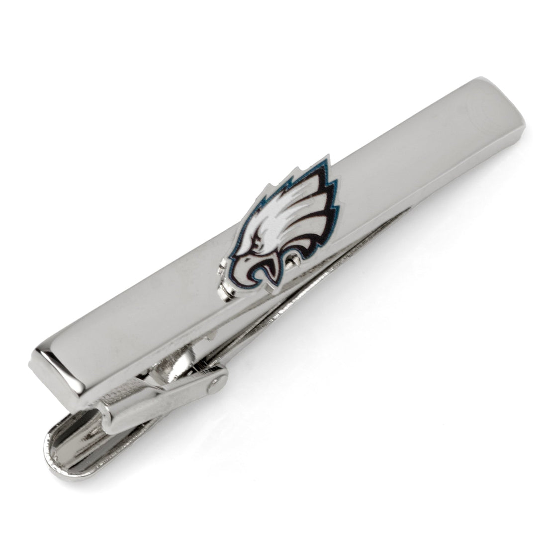 Philadelphia Eagles logo tie clip in silver finish on a black necktie