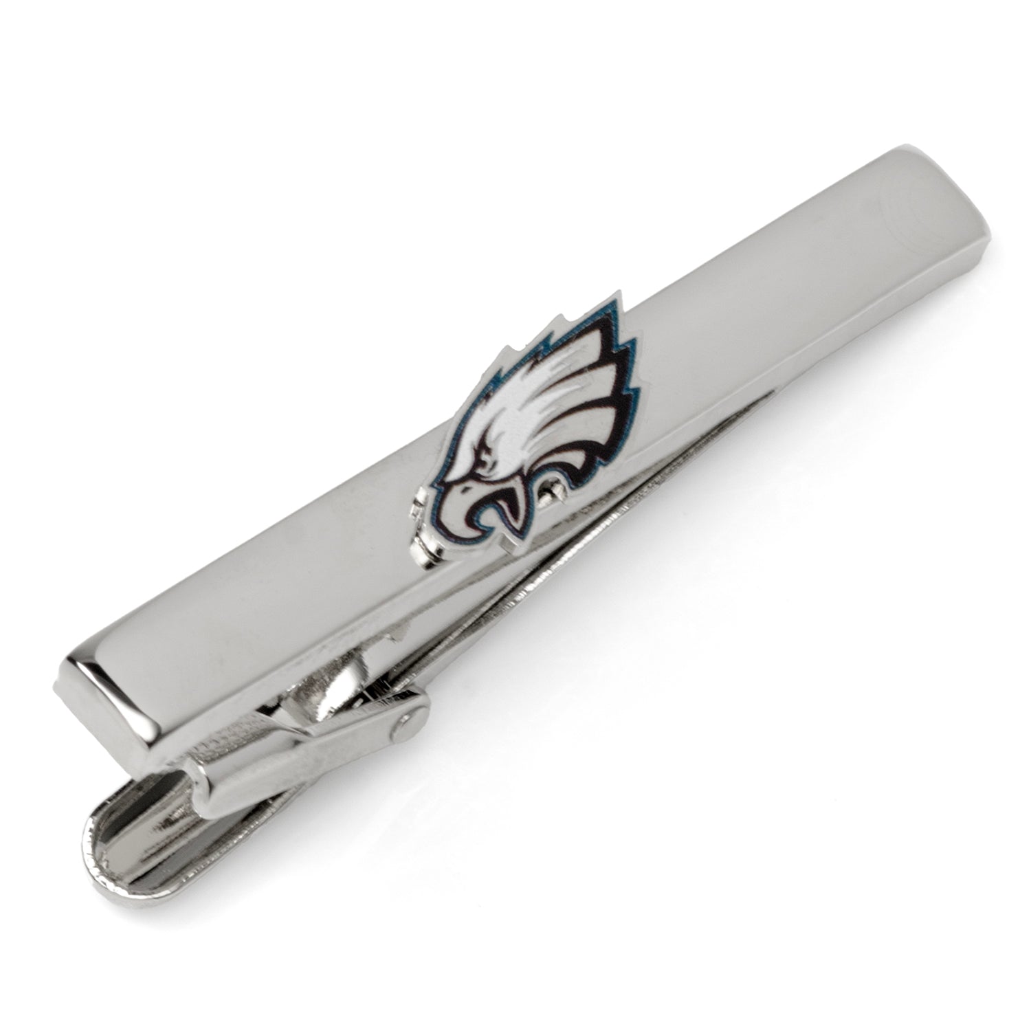 Philadelphia Eagles logo tie clip in silver finish on a black necktie