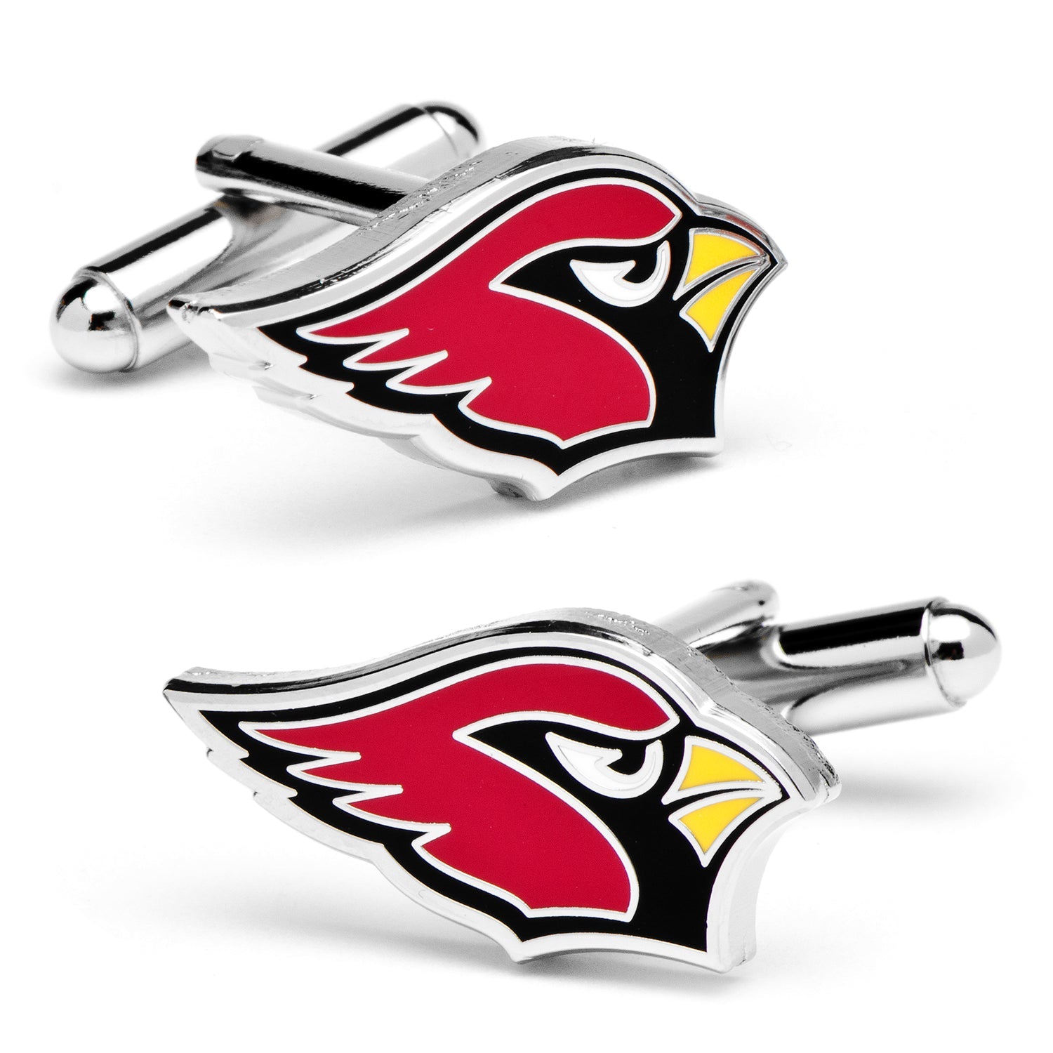 A pair of Arizona Cardinals logo enamel cufflinks in a silver tone metal setting.