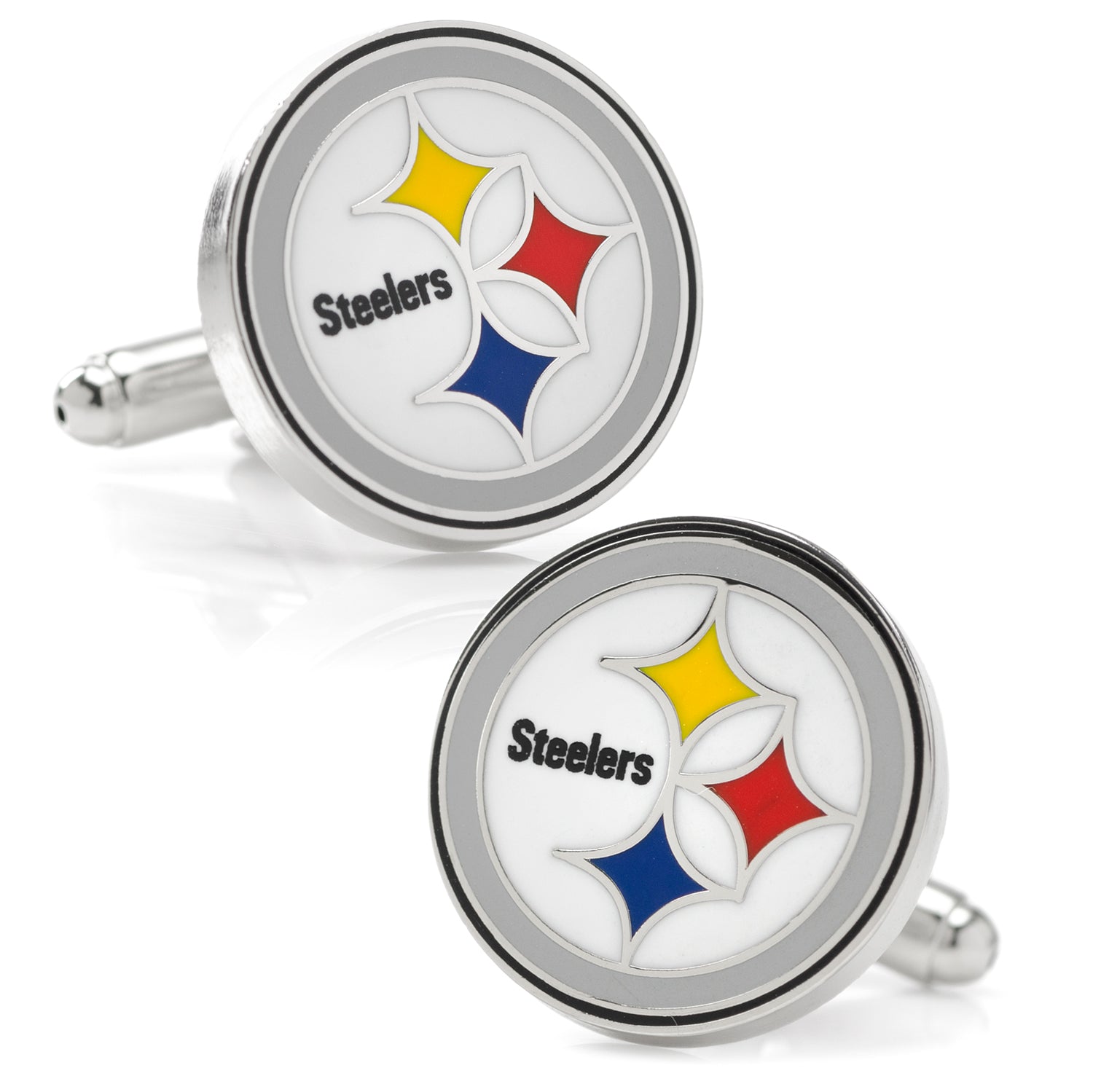 Round silver tone Pittsburgh Steelers NFL logo cufflinks with enamel detailing
