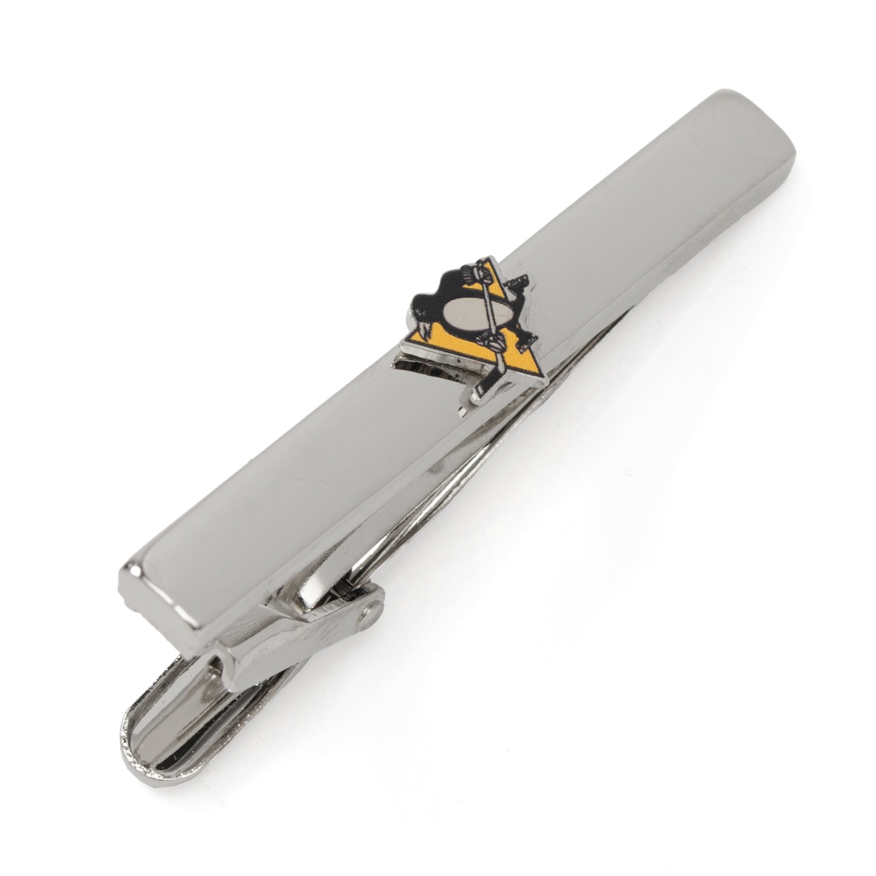 Shiny silver-plated Pittsburgh Penguins NHL logo sliding tie clip on a white background