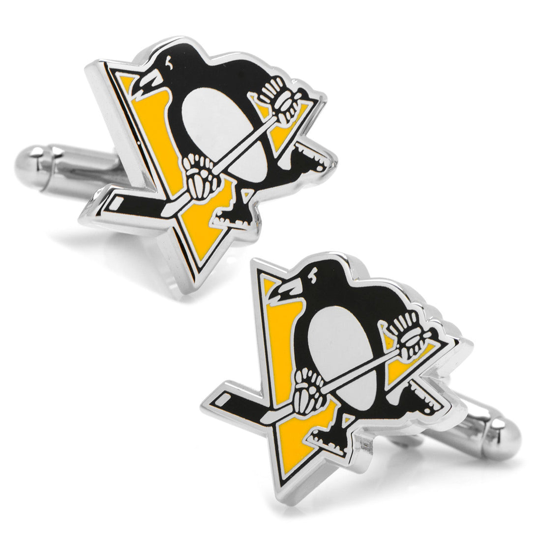 A pair of Pittsburgh Penguins hockey logo cufflinks with black, white, and gold enamel on silver-tone metal.