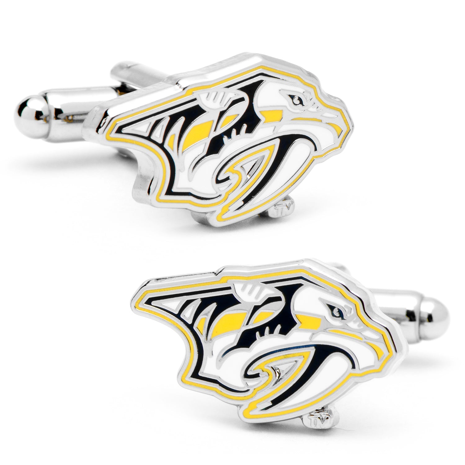 Close-up pair of silver tone Nashville Predators logo cufflinks with yellow, white, and black enamel details.