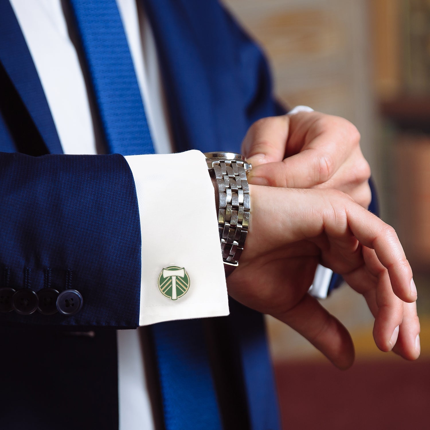 Portland Timbers Silver Plated Logo Cufflinks with Green Enamel - Image 2