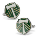 A pair of round silver-plated Portland Timbers logo cufflinks with green and white enamel details displayed against a clean background.