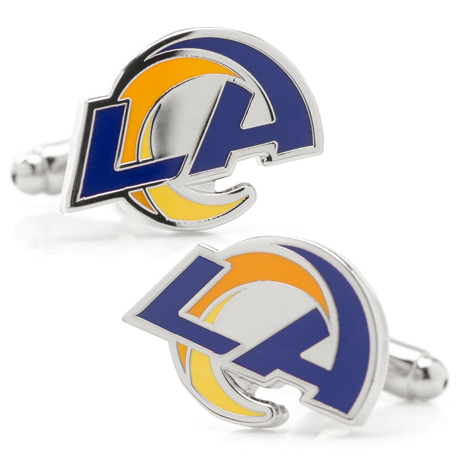 Close up of two Los Angeles Rams NFL logo cufflinks on a white background, featuring blue and yellow enamel on a silver tone metal setting.