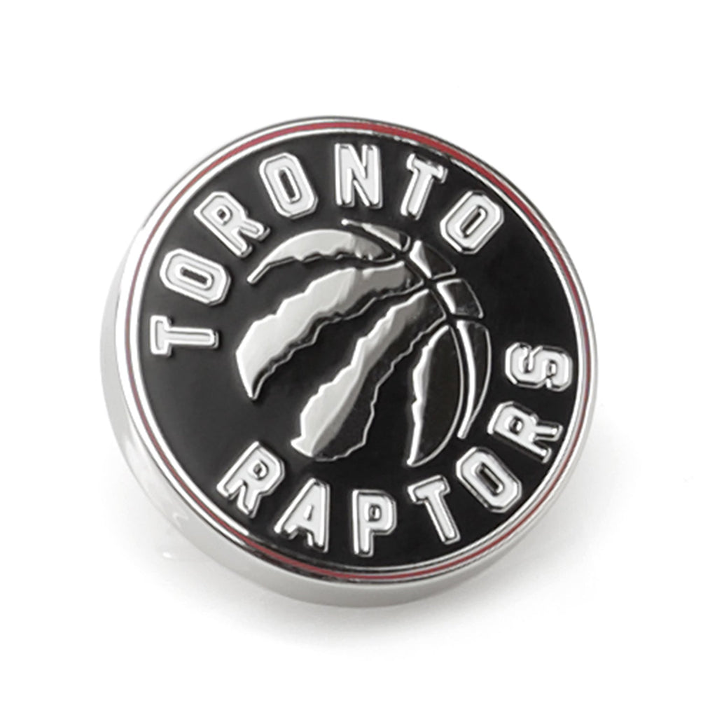 Toronto Raptors NBA enamel lapel pin with silver-tone metal and black details, shown from front and back with clutch-back clasp.