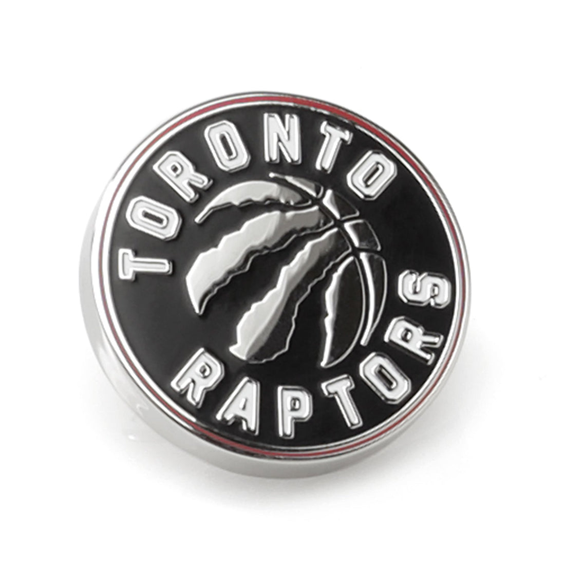 Toronto Raptors NBA enamel lapel pin with silver-tone metal and black details, shown from front and back with clutch-back clasp.