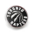Toronto Raptors NBA enamel lapel pin with silver-tone metal and black details, shown from front and back with clutch-back clasp.