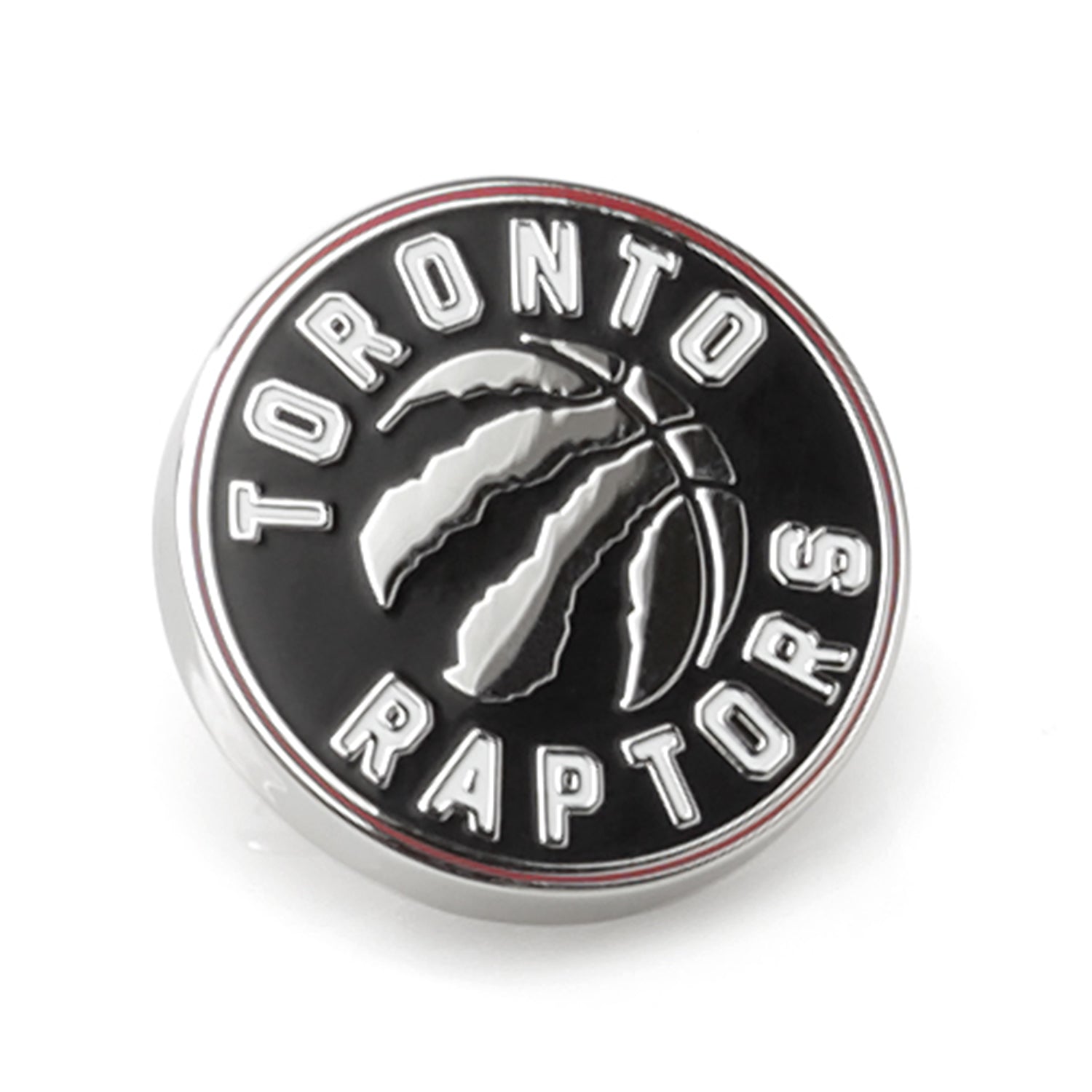 Toronto Raptors NBA enamel lapel pin with silver-tone metal and black details, shown from front and back with clutch-back clasp.