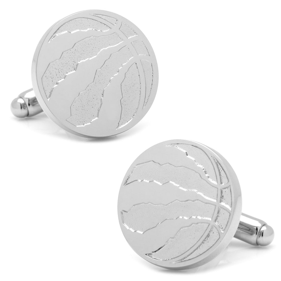 A pair of round silver tone Toronto Raptors logo cufflinks on a white background.