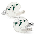A pair of silver-tone New York Jets retro football helmet cufflinks with green and white enamel details.