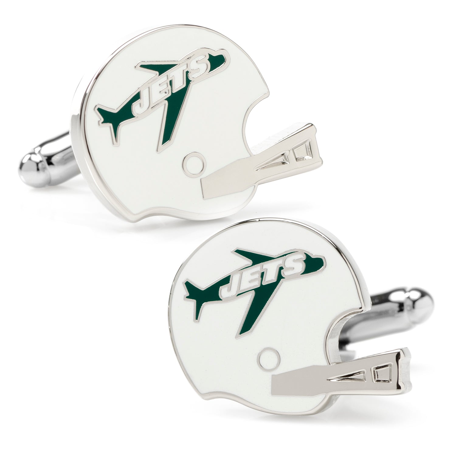 A pair of silver-tone New York Jets retro football helmet cufflinks with green and white enamel details.