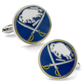 A pair of round silver tone cufflinks featuring the blue and yellow Buffalo Sabres NHL logo.