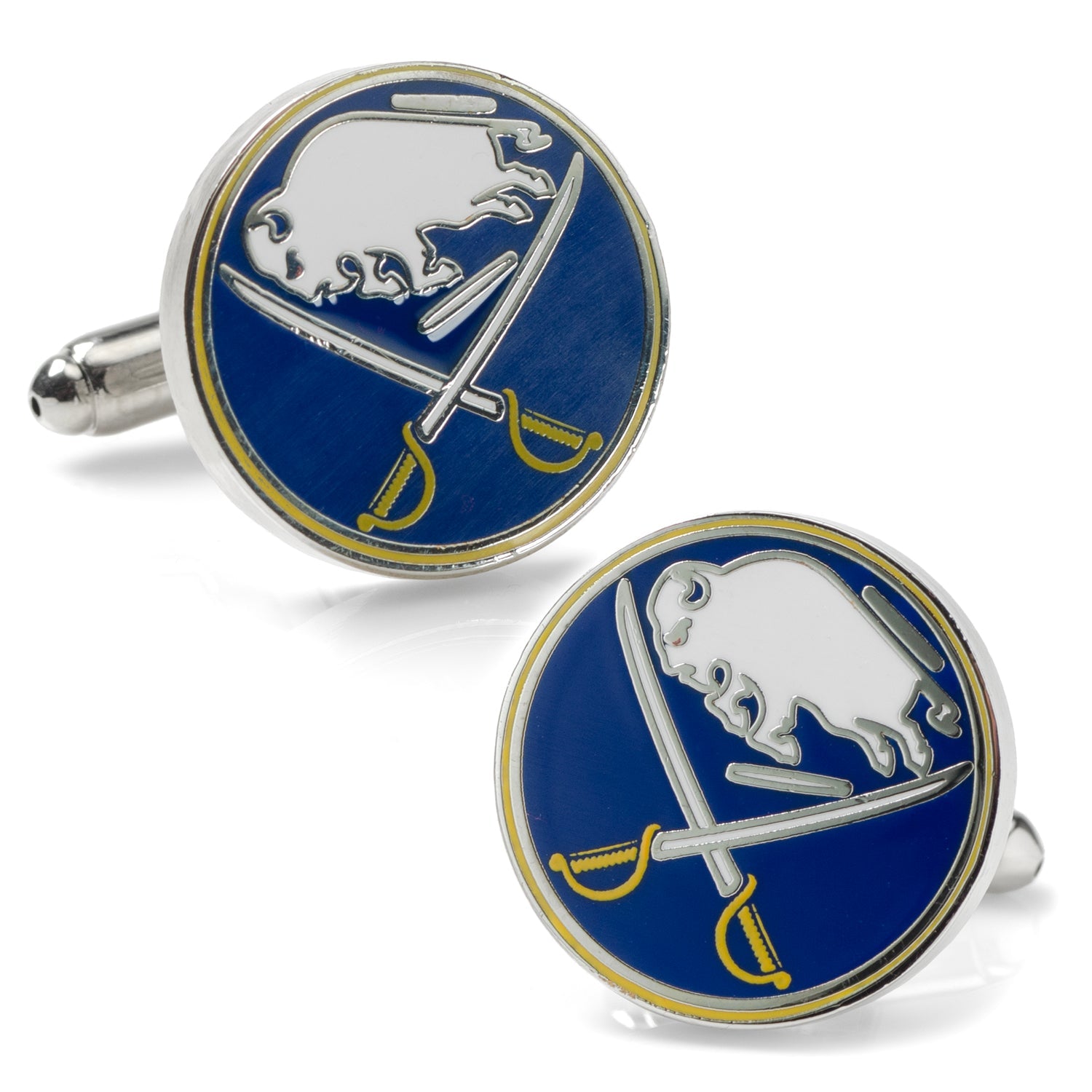 A pair of round silver tone cufflinks featuring the blue and yellow Buffalo Sabres NHL logo.