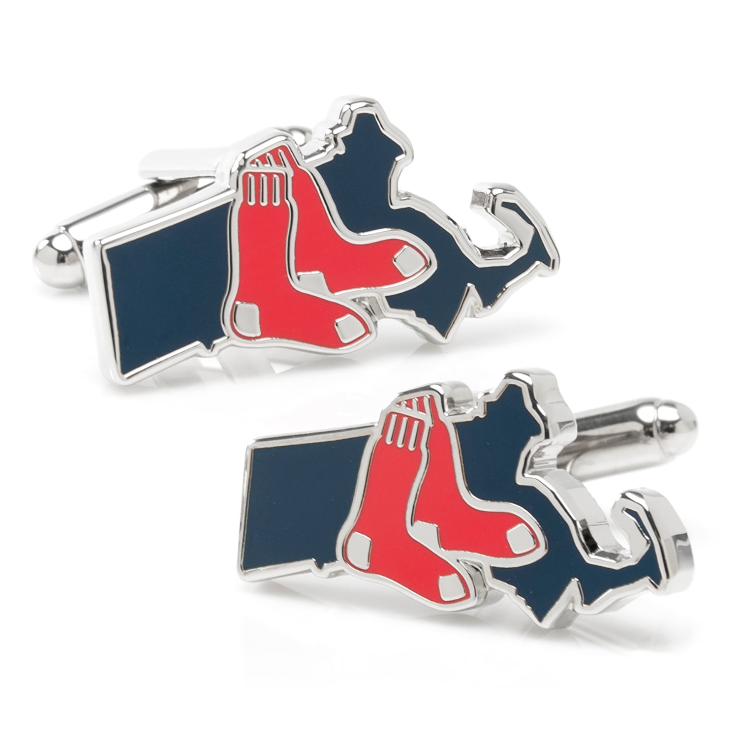 A pair of state-shaped cufflinks featuring the Boston Red Sox team logo in red and blue enamel on a silver-tone metal base.