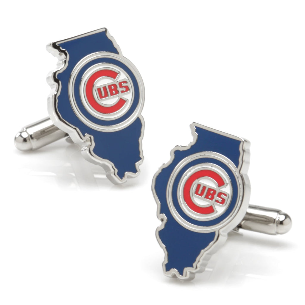Chicago Cubs team logo cufflinks in the shape of Illinois state with blue enamel and silver tone metal.