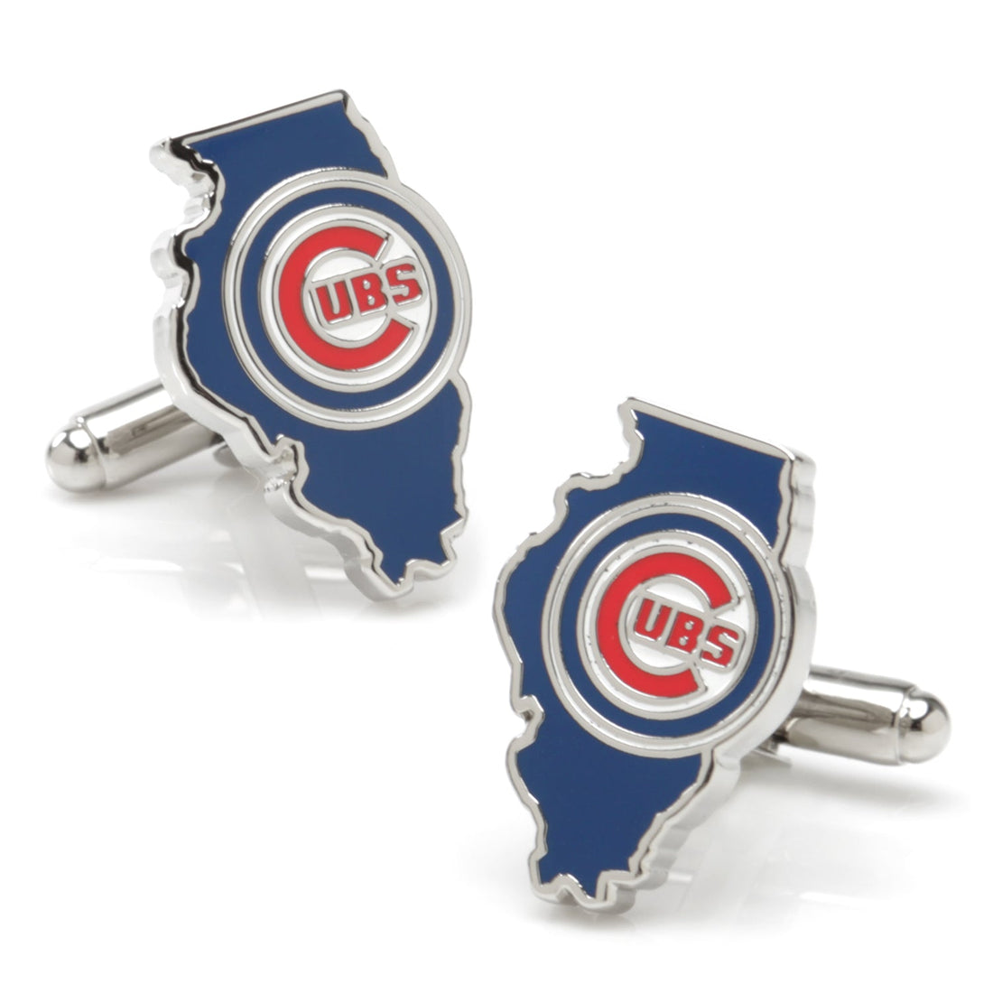 Chicago Cubs team logo cufflinks in the shape of Illinois state with blue enamel and silver tone metal.