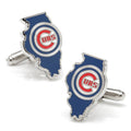 Chicago Cubs team logo cufflinks in the shape of Illinois state with blue enamel and silver tone metal.
