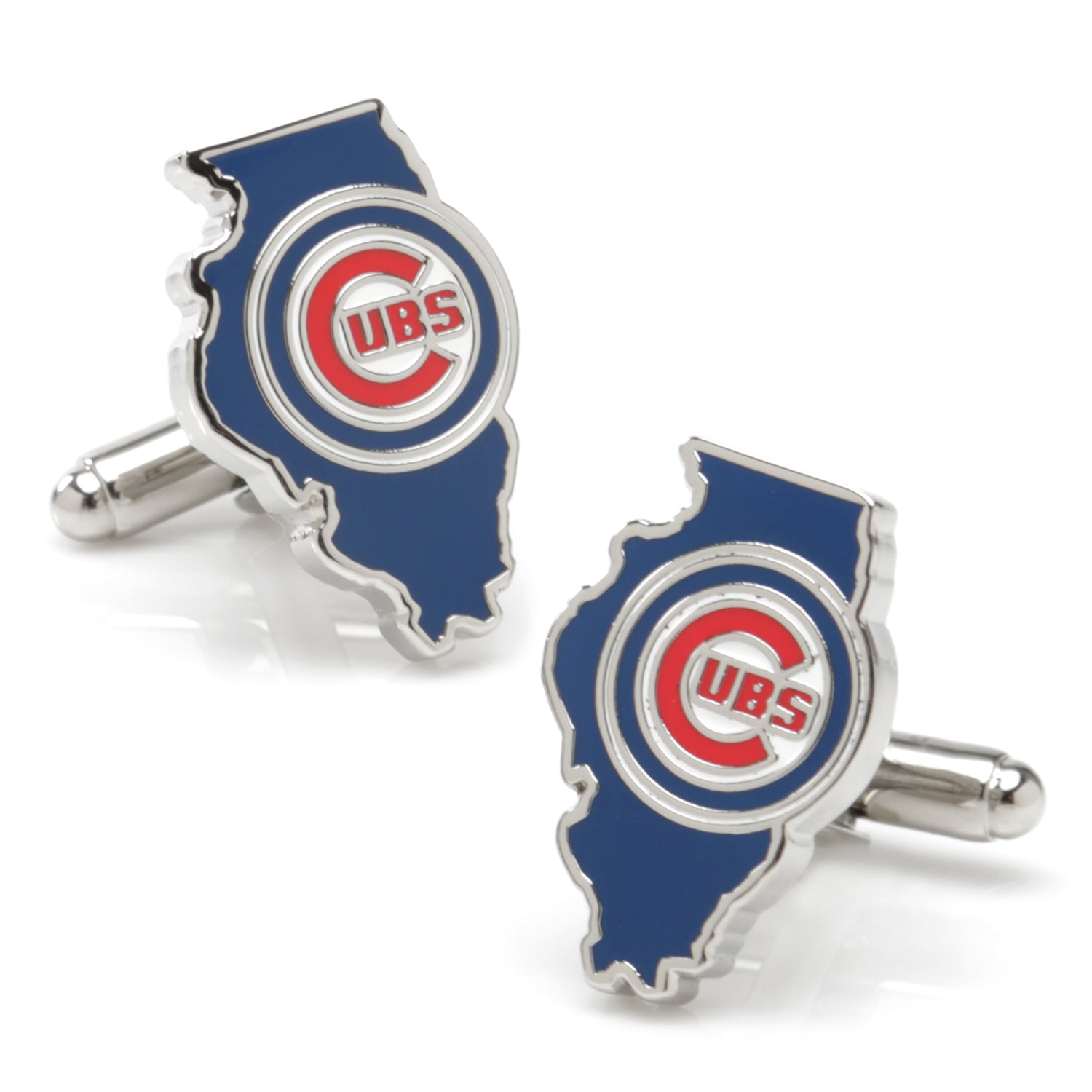 Chicago Cubs team logo cufflinks in the shape of Illinois state with blue enamel and silver tone metal.