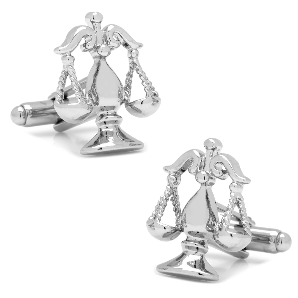 Polished silver cufflinks featuring a detailed Scales of Justice design with toggle backings