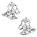 Polished silver cufflinks featuring a detailed Scales of Justice design with toggle backings