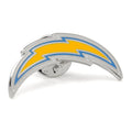 Los Angeles Chargers enamel lapel pin in silver tone metal on a grey suit lapel