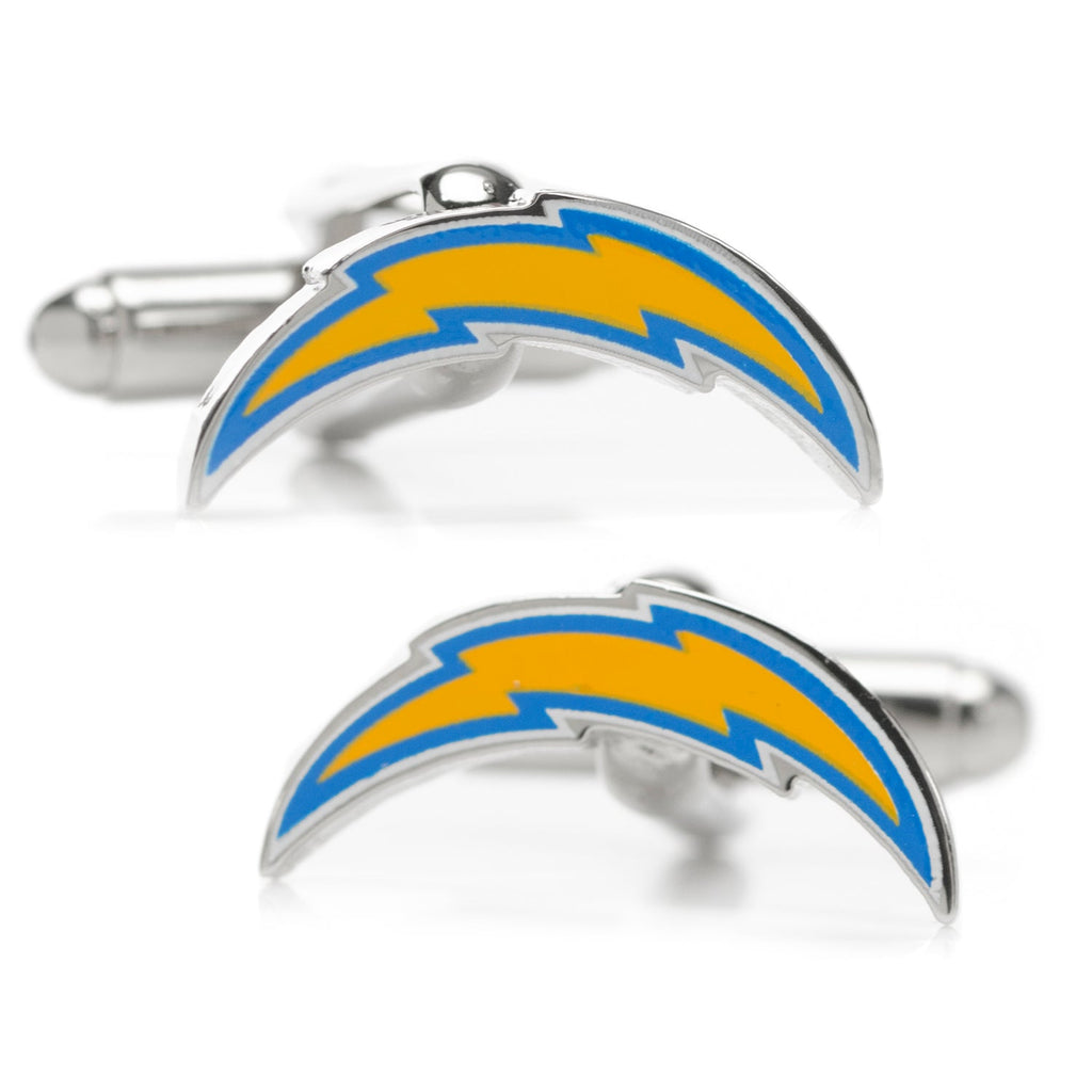 A pair of silver tone Los Angeles Chargers NFL logo cufflinks with blue and yellow enamel details.