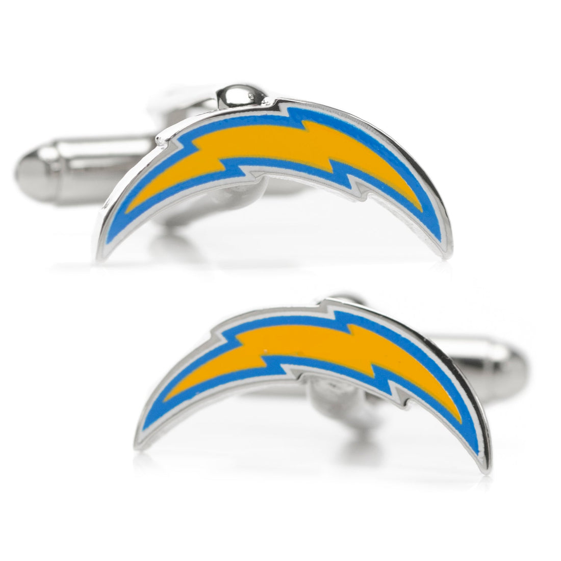 A pair of silver tone Los Angeles Chargers NFL logo cufflinks with blue and yellow enamel details.