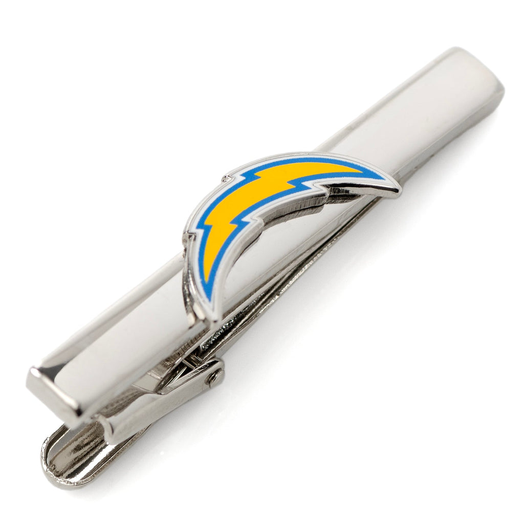 A silver-plated tie clip featuring the Los Angeles Chargers lightning bolt logo in yellow, blue, and white enamel.