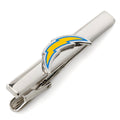 A silver-plated tie clip featuring the Los Angeles Chargers lightning bolt logo in yellow, blue, and white enamel.