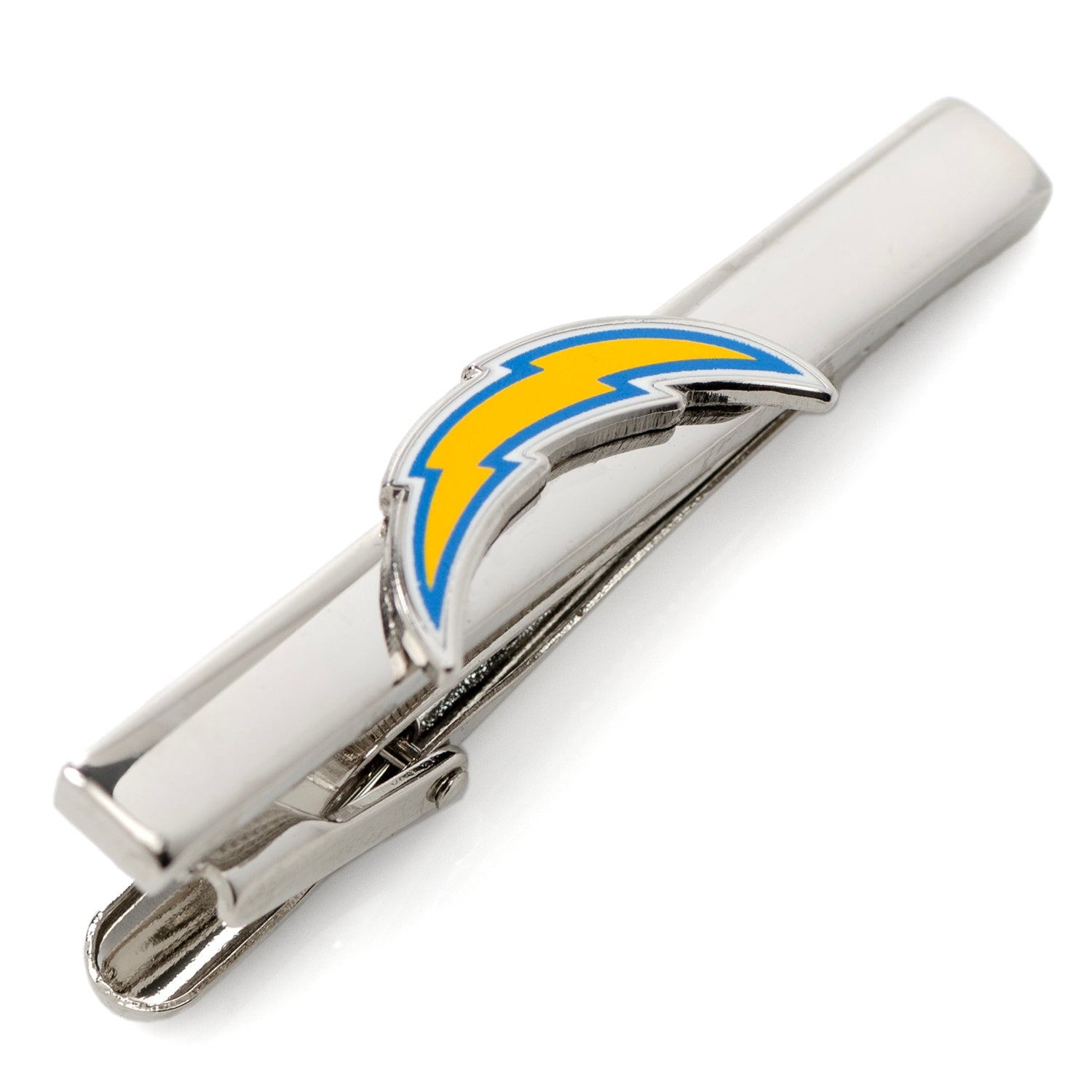 A silver-plated tie clip featuring the Los Angeles Chargers lightning bolt logo in yellow, blue, and white enamel.