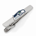 Seattle Seahawks silver-plated tie clip featuring the official team logo on a grey suit and black tie