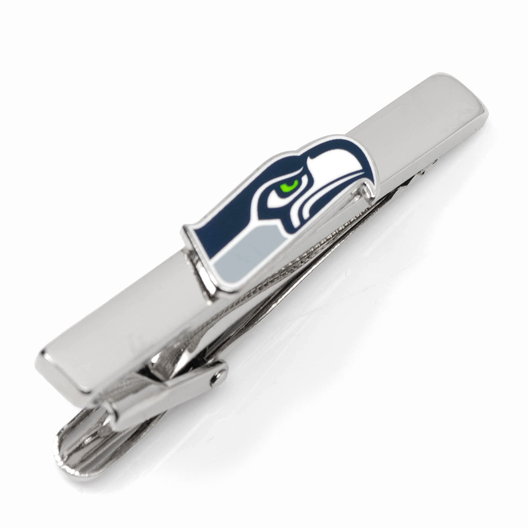 Seattle Seahawks silver-plated tie clip featuring the official team logo on a grey suit and black tie