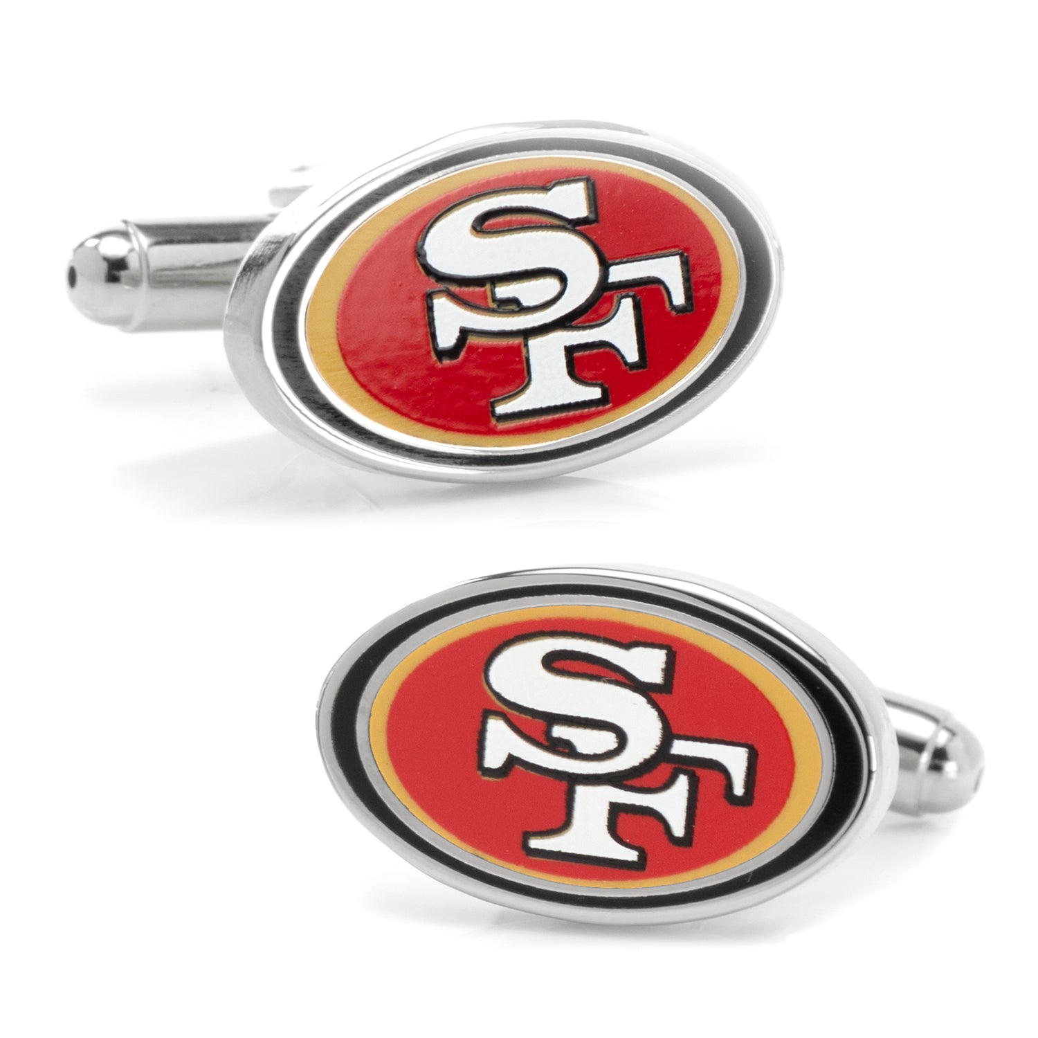 San Francisco 49ers oval logo cufflinks in silver tone with red and gold enamel details.
