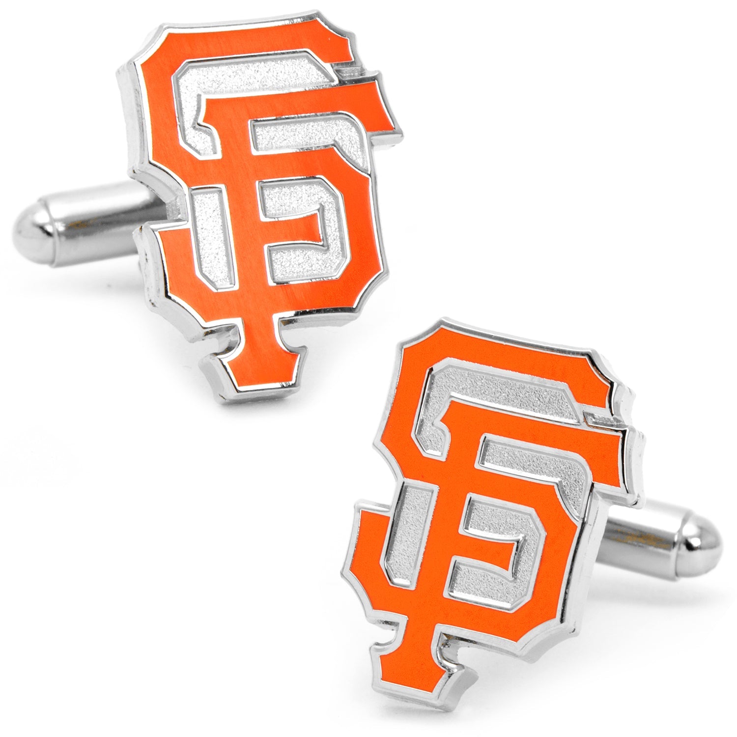A pair of San Francisco Giants logo cufflinks in silver-tone metal with orange enamel detailing.