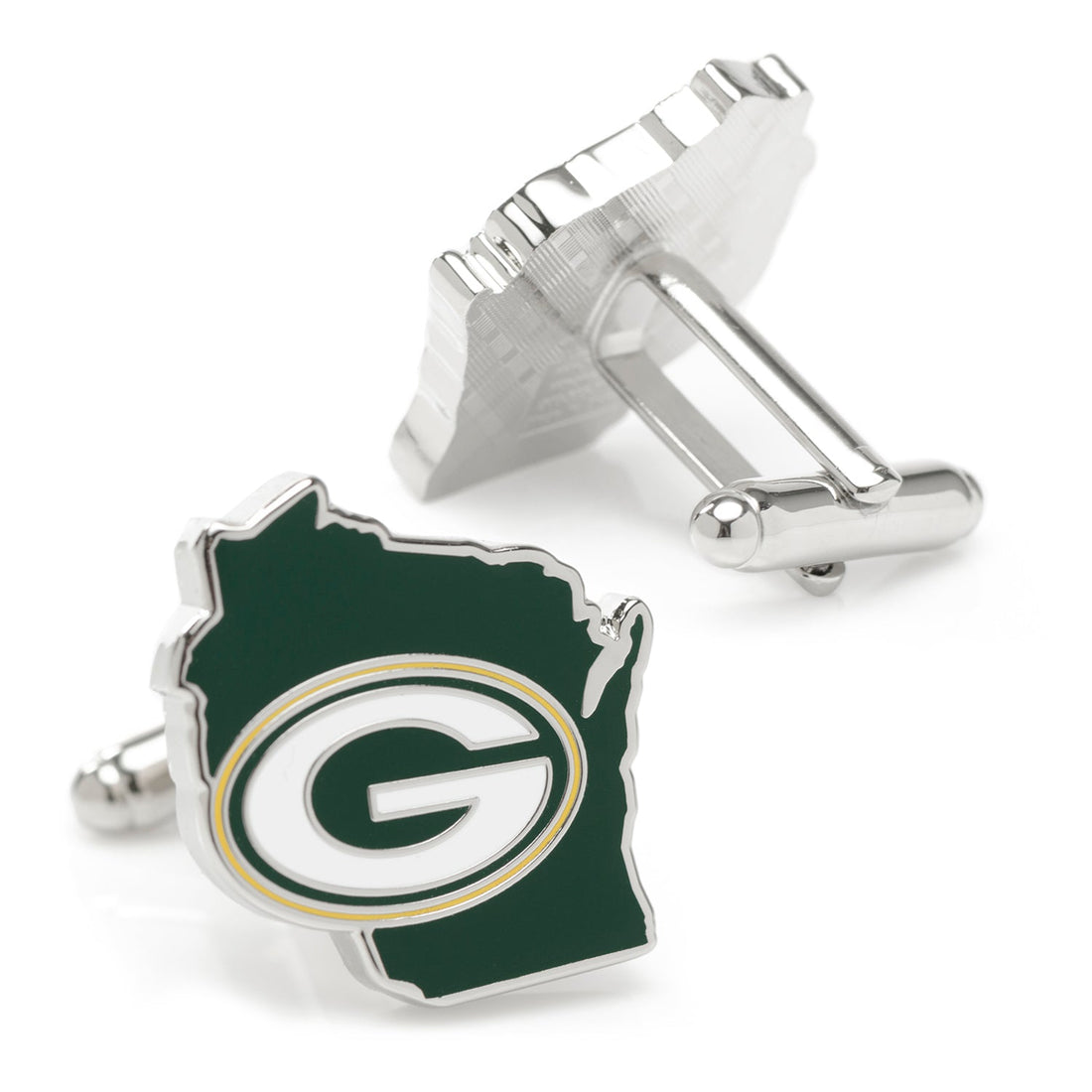 Green Bay Packers NFL Logo State Shaped Silver Tone Cufflinks - Image 2