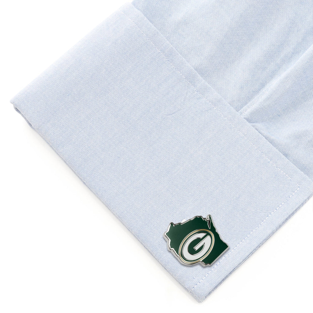 Green Bay Packers NFL Logo State Shaped Silver Tone Cufflinks - Image 3