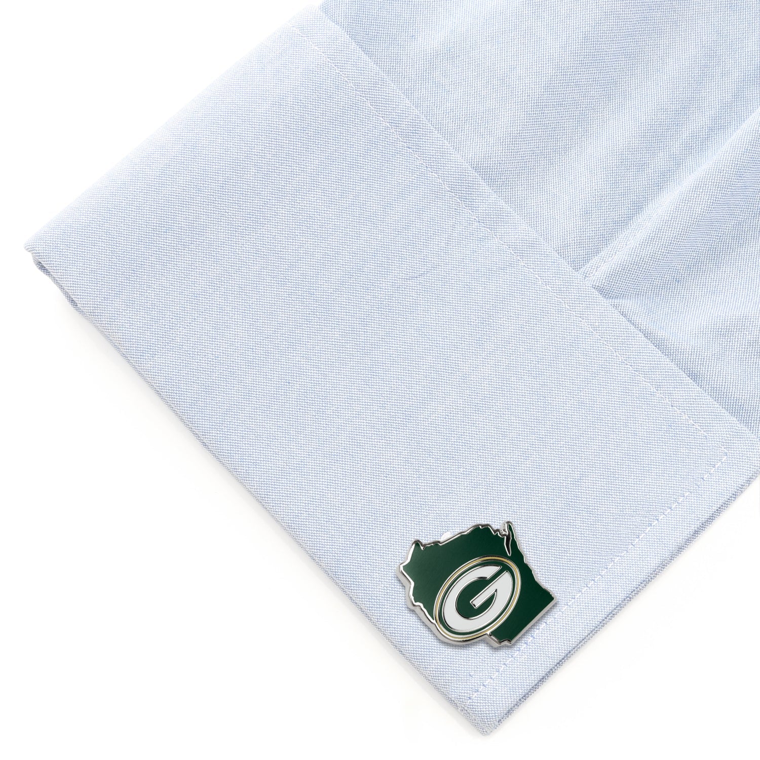 Green Bay Packers NFL Logo State Shaped Silver Tone Cufflinks - Image 3