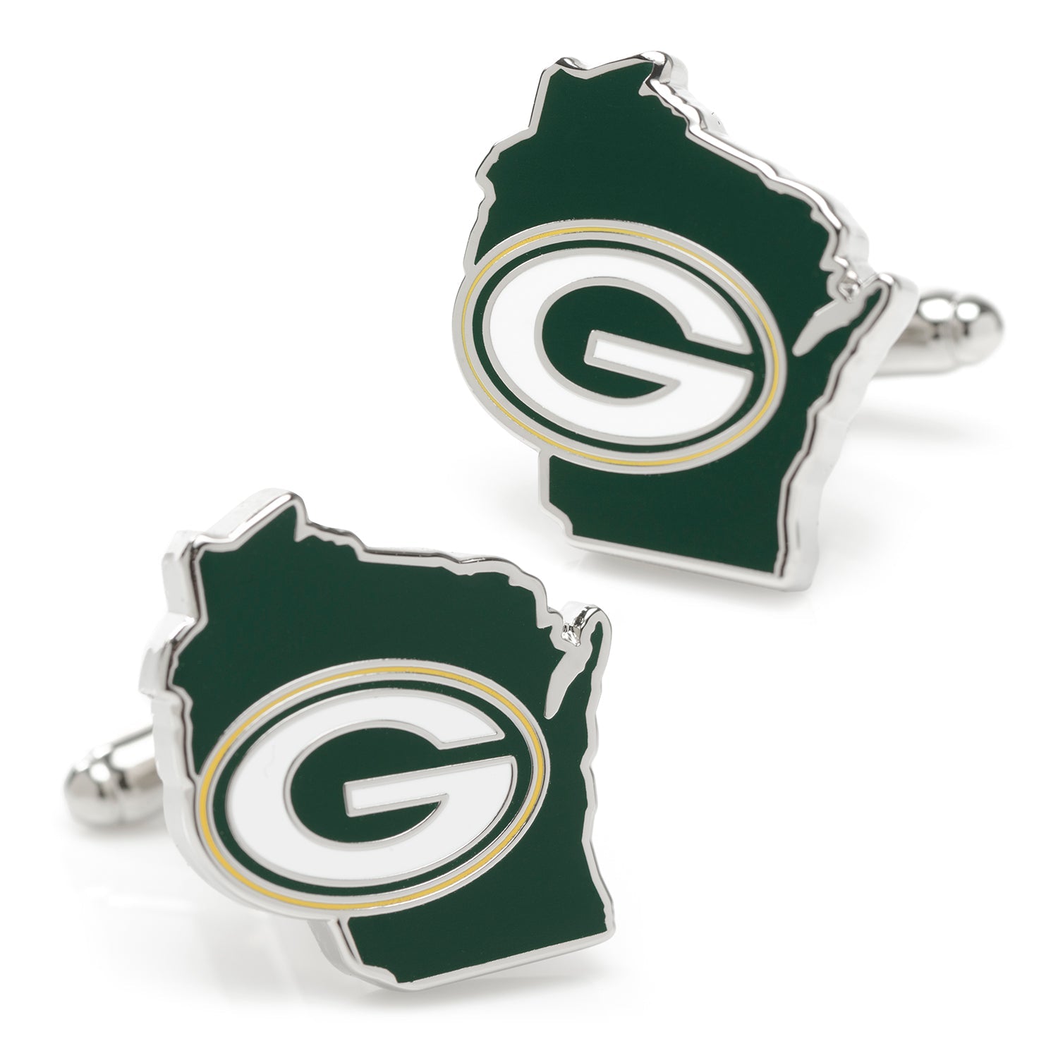 Green Bay Packers state shaped silver tone cufflinks featuring team logo and enamel detailing