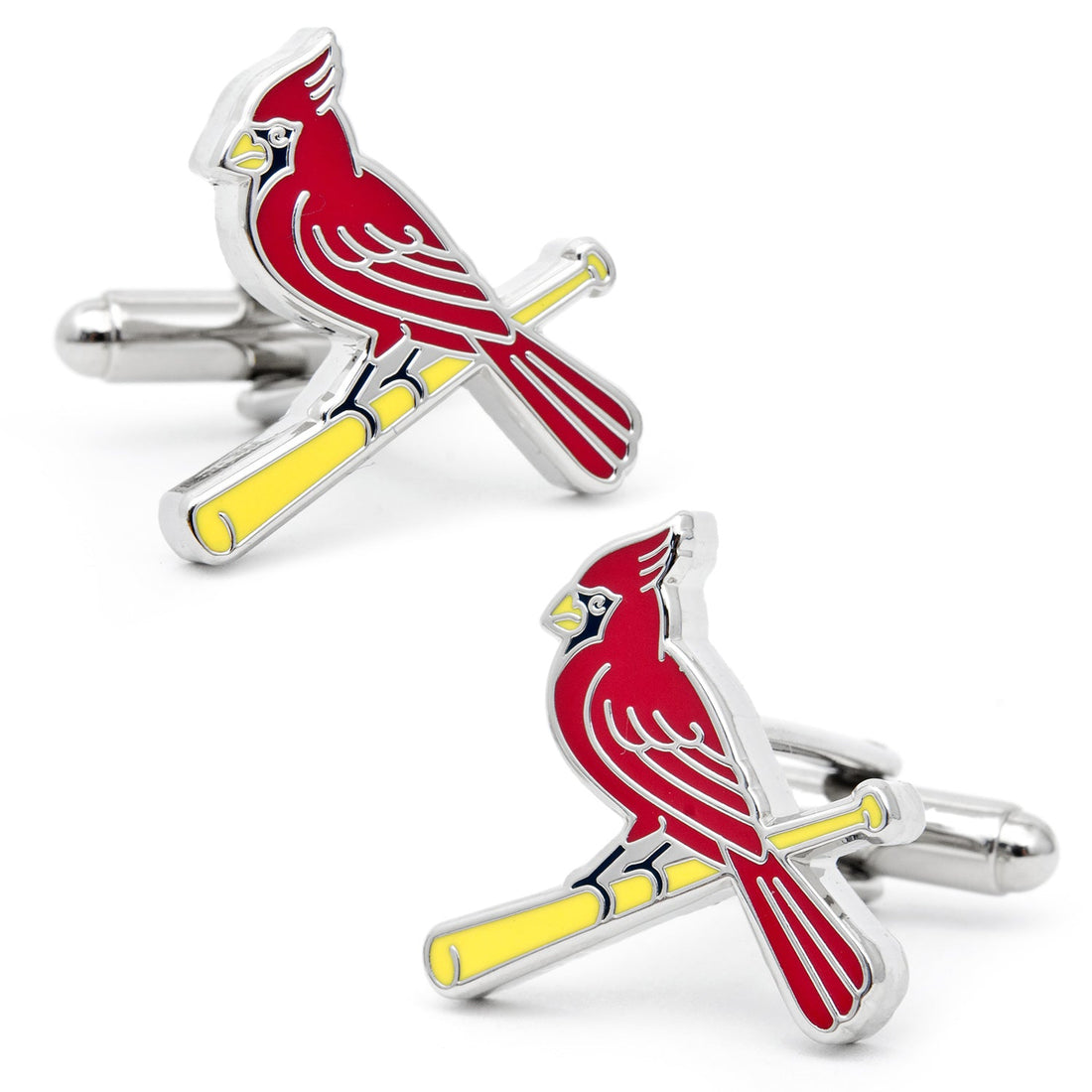 A pair of St. Louis Cardinals MLB logo cufflinks with red enamel on a silver-tone metal finish.