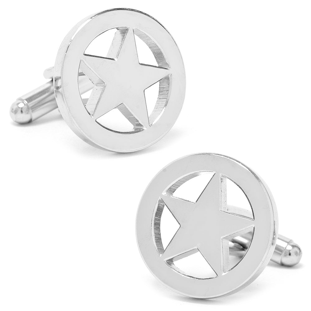 A pair of silver tone Lone Star cufflinks with a circular cut out design, shown next to an Altr Ego branded gift box.