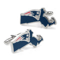New England Patriots state-shaped silver tone cufflinks with blue, red, and white team logo enamel.
