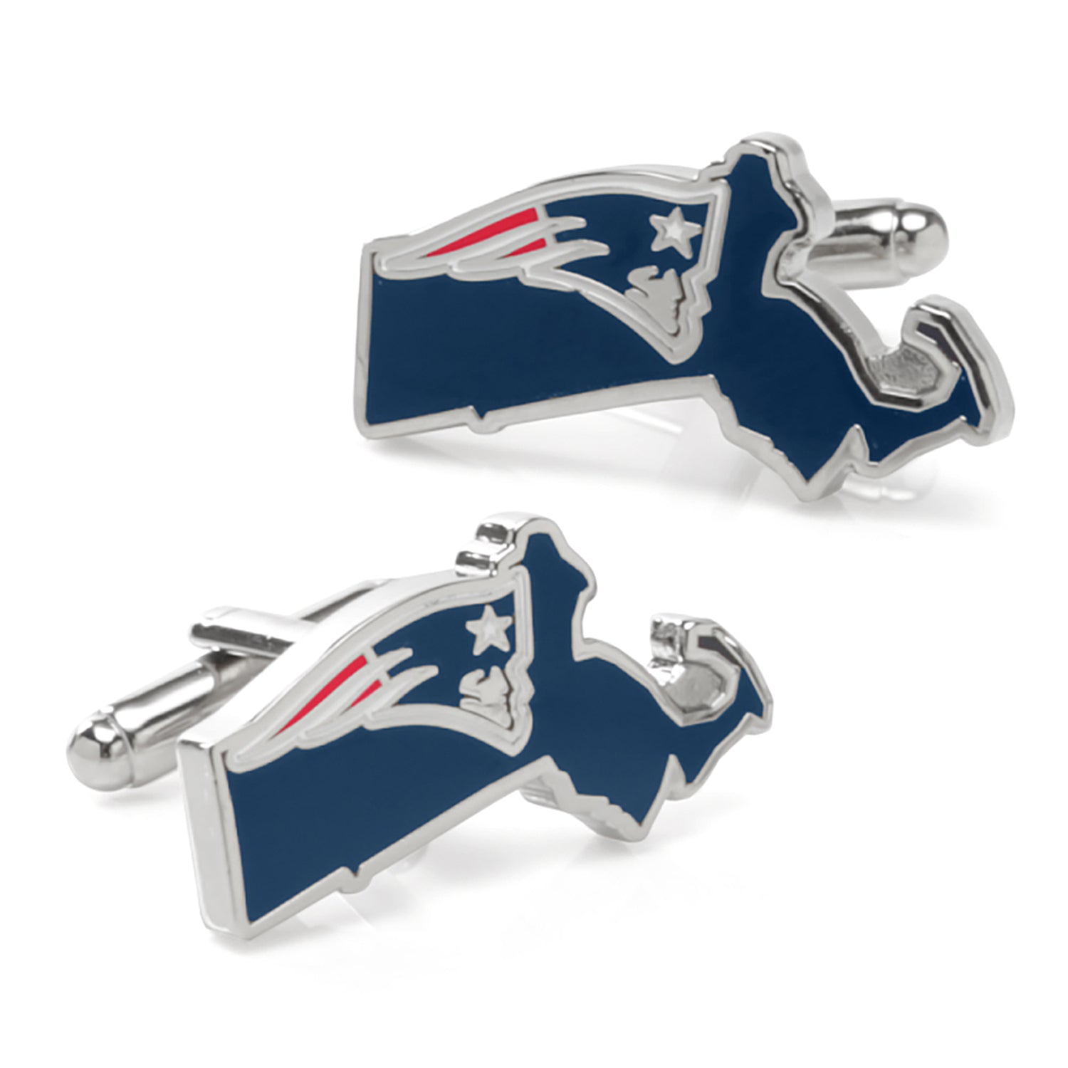 New England Patriots state-shaped silver tone cufflinks with blue, red, and white team logo enamel.