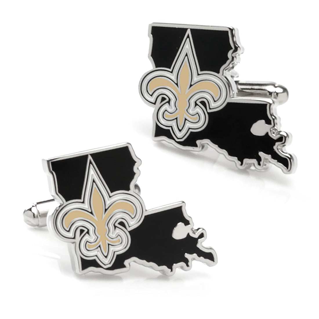 New Orleans Saints state shaped cufflinks in silver and black enamel with swivel back