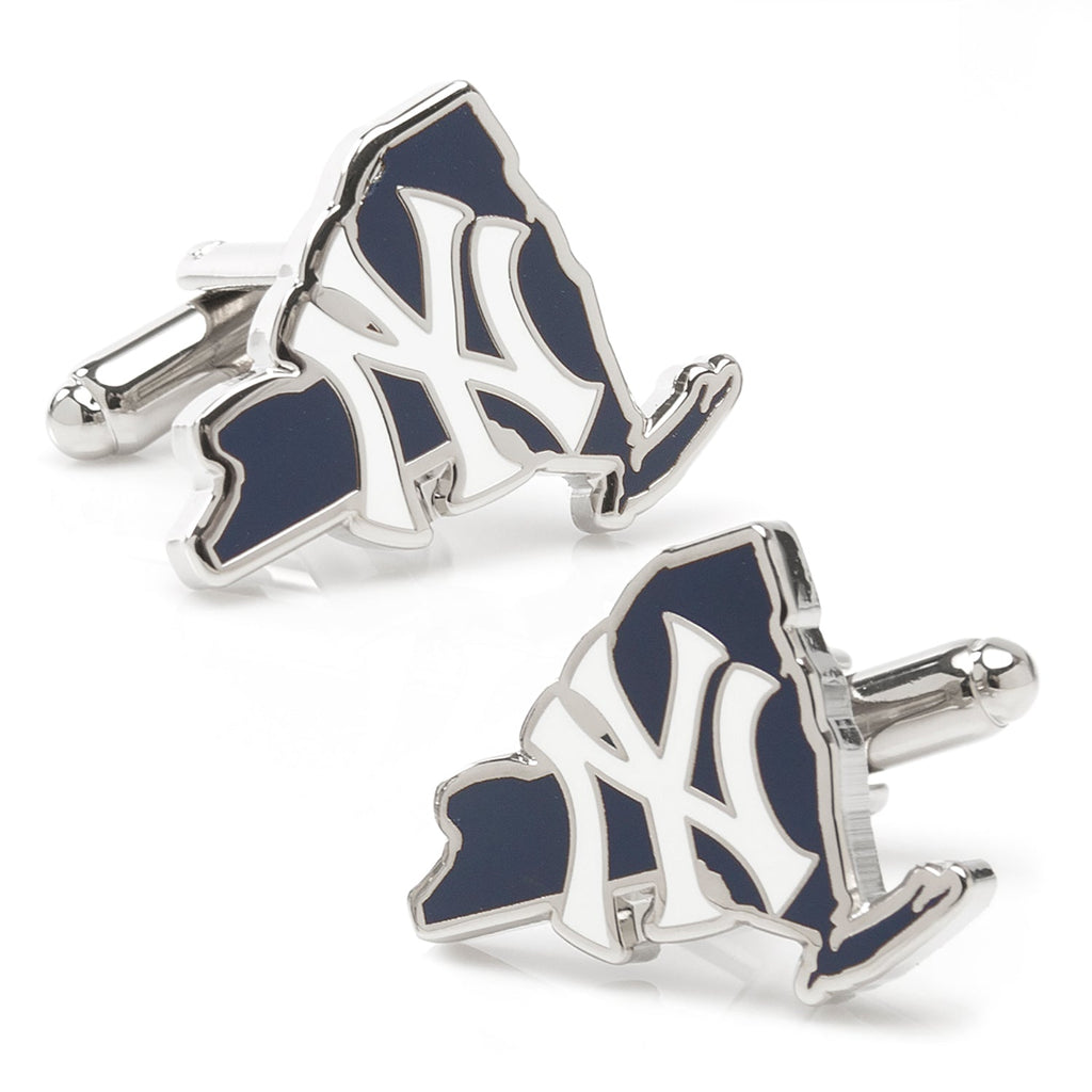 A pair of New York Yankees cufflinks shaped like the state of New York with silver and blue enamel detailing.